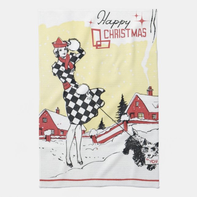 retro vintage Christmas lady Holiday kitchen Tea Towel (Vertical)