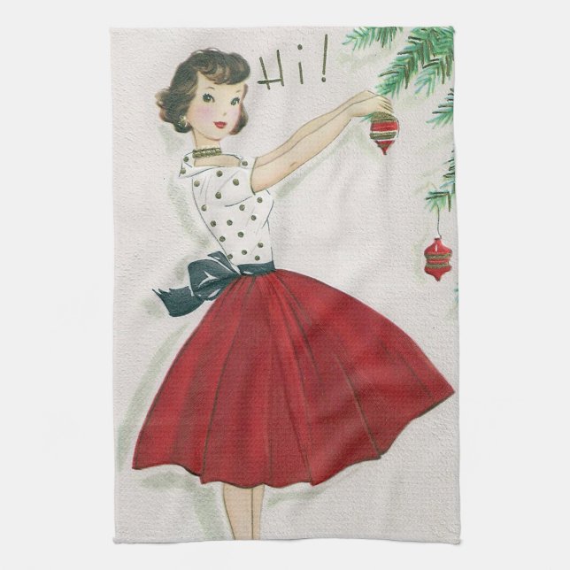 Retro Vintage Christmas Lady Holiday kitchen towel (Vertical)