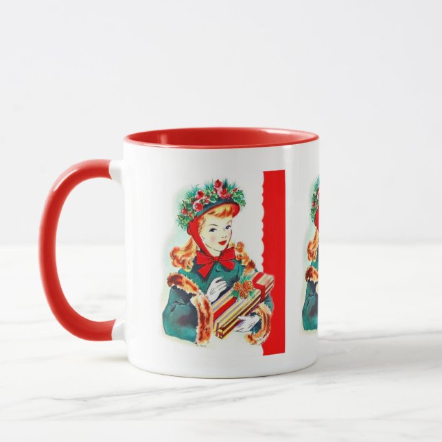 retro vintage Christmas lady Holiday Mug (Left)