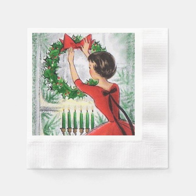 retro vintage Christmas lady Holiday party Napkin (Front)