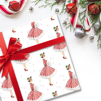 Retro Vintage Christmas Lady in Red and White Wrapping Paper