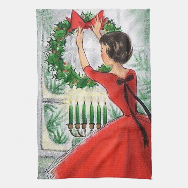 Retro Vintage Christmas Lady kitchen towel (Vertical)