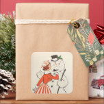 retro vintage Christmas lady snowman Holiday Square Sticker<br><div class="desc">design by www.etsy.com/shop/TreeofLifeEnt</div>