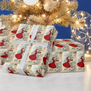 Retro vintage Christmas lady tiled party Wrapping Paper
