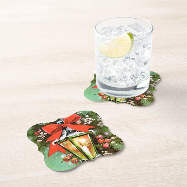 retro vintage Christmas lamp Holiday Paper Coaster (Insitu)