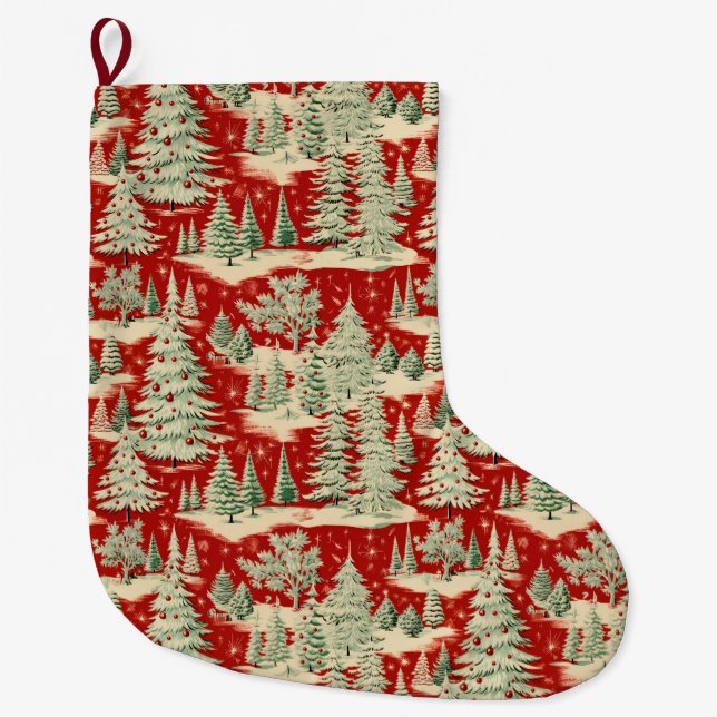 Retro Vintage Christmas Landscape Large Christmas Stocking (Front)