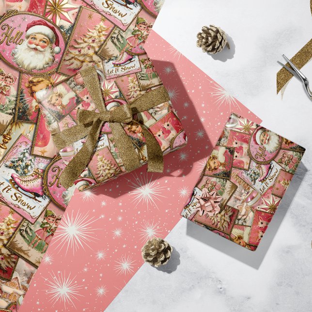 Retro Vintage Christmas: Pink Collage Wrapping Paper (Creator Uploaded)