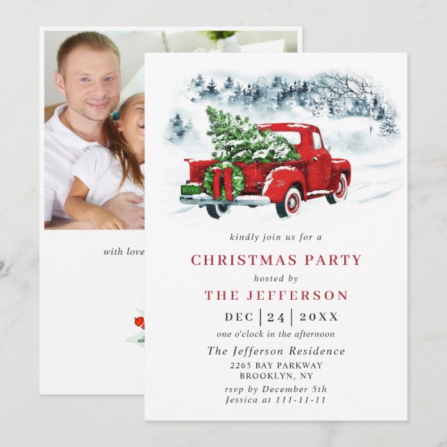 Retro Vintage Christmas Red Truck Holiday Party Invitation (Front/Back)