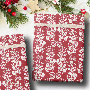 Retro Vintage Christmas Red White Holly Garland Wrapping Paper