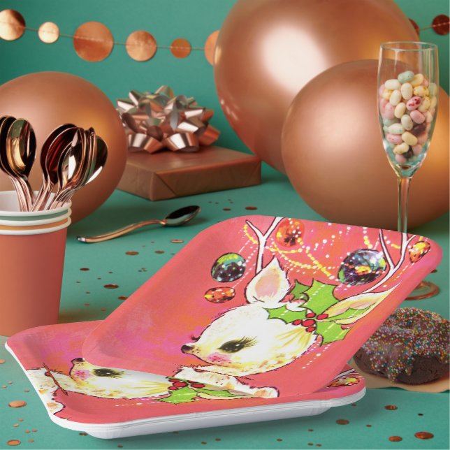 retro vintage Christmas reindeer Holiday party Paper Plate (Multi)