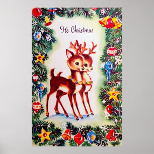 Retro vintage Christmas reindeer Holiday poster