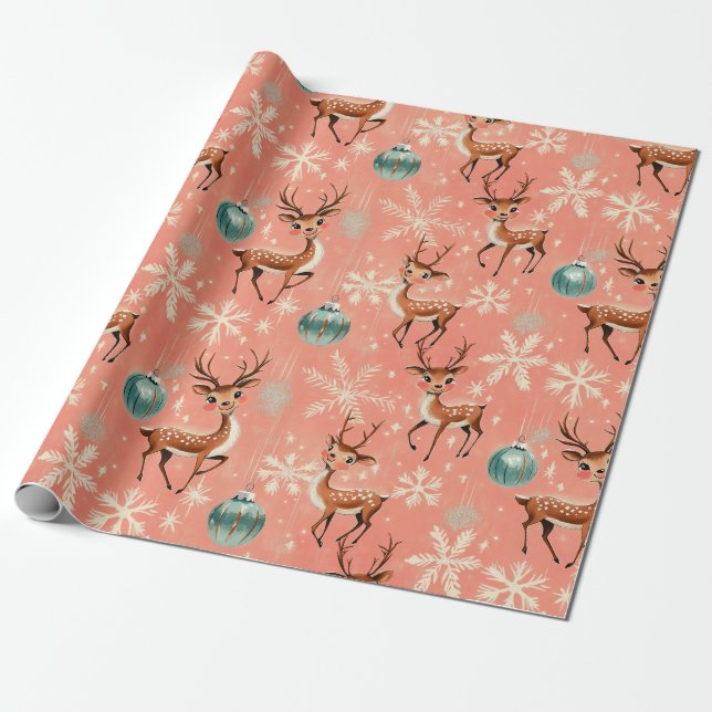 Retro Vintage Christmas Reindeer II Wrapping Paper (Unrolled)