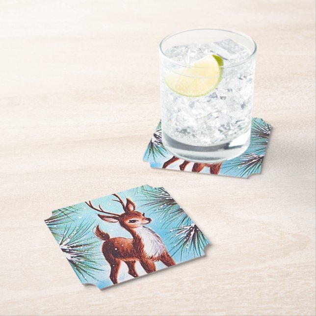 Retro vintage Christmas reindeer Paper Coaster (Insitu)