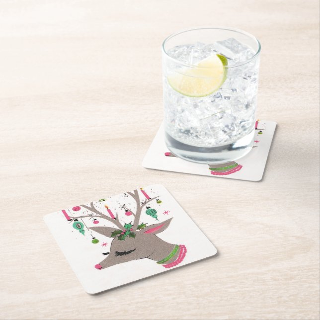 Retro Vintage Christmas reindeer party coaster (Insitu)