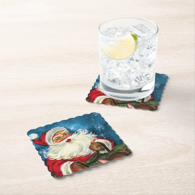 retro vintage Christmas Santa Holiday party Paper Coaster (Insitu)