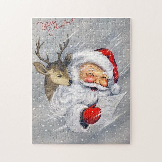  retro vintage Christmas Santa Holiday reindeer Jigsaw Puzzle (Vertical)