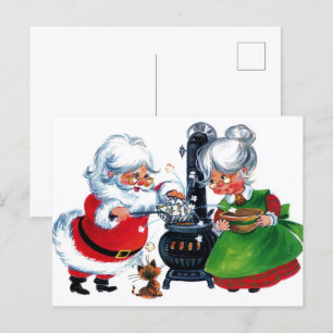 retro vintage Christmas Santa Mrs. Claus Holiday  Postcard