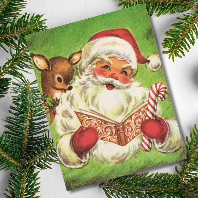Retro Vintage Christmas Santa Reading Holiday Card (Creator Uploaded)