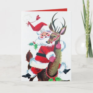 Retro vintage Christmas Santa reindeer add message Holiday Card