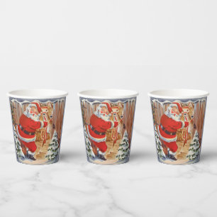 retro vintage Christmas Santa reindeer Holiday Paper Cups