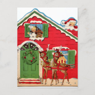 retro vintage Christmas Santa reindeer Holiday Postcard