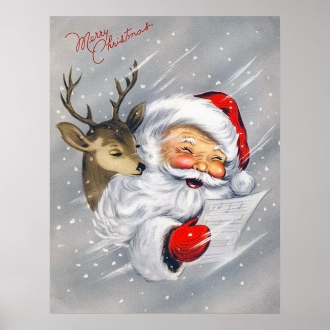 Retro vintage Christmas Santa reindeer poster (Front)