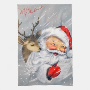 retro vintage Christmas Santa reindeer Tea Towel