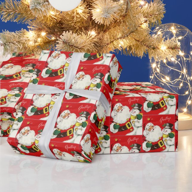 retro vintage Christmas Santa snowman Wrapping Paper (Holidays)