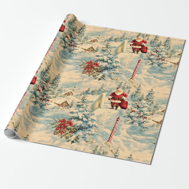 Retro Vintage Christmas: Santa's Snowy Village Wrapping Paper (Unrolled)
