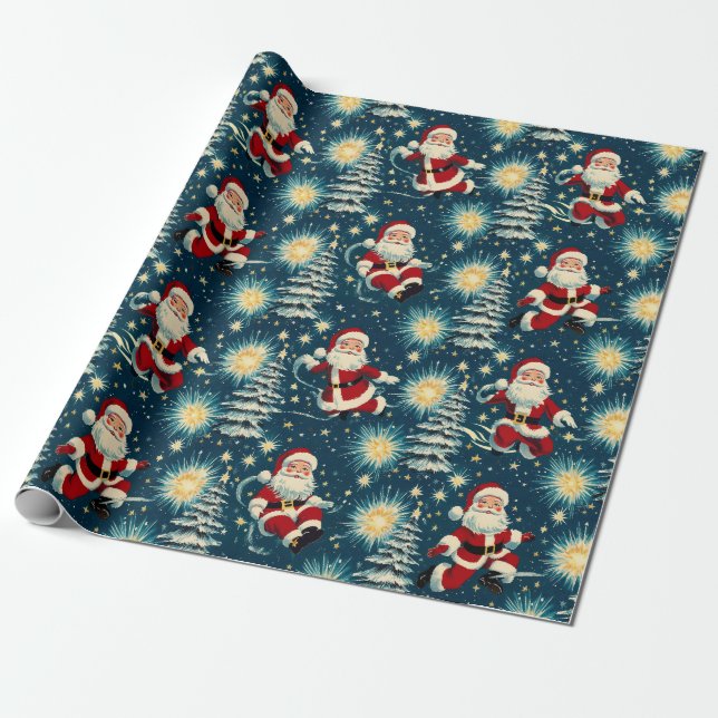 Retro Vintage Christmas: Santa's Starry Night Wrapping Paper (Unrolled)