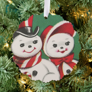 retro vintage Christmas snow couple add message Tree Decoration Card