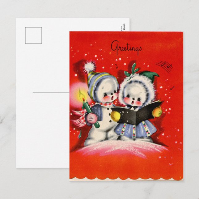 retro vintage Christmas snow kids caroling Holiday Postcard (Front/Back)