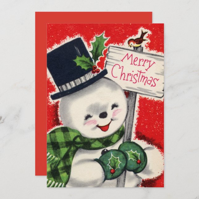 retro vintage Christmas snowman add sentiment Holiday Card (Front/Back)