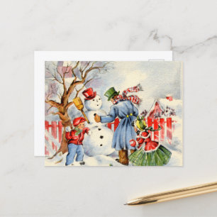 retro vintage Christmas snowman building Holiday Postcard