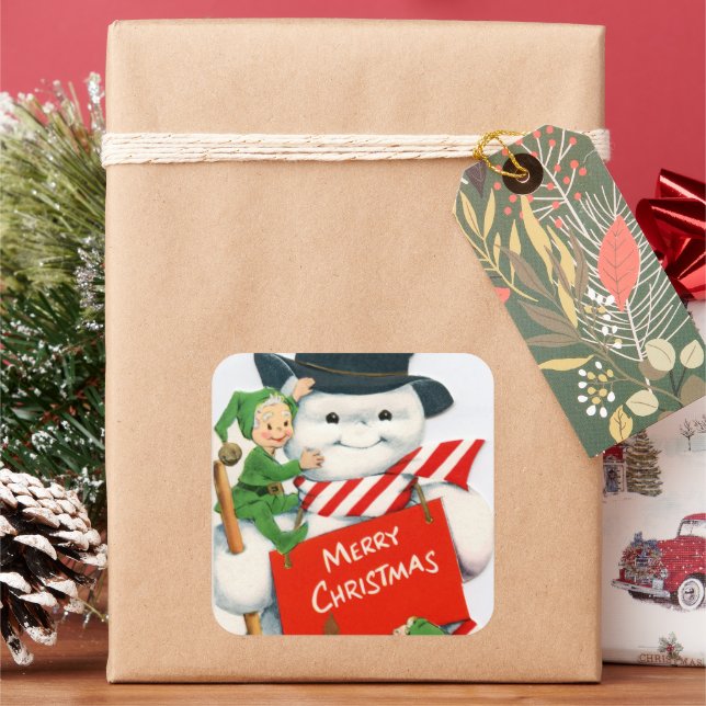 retro vintage Christmas snowman elf Holiday Square Sticker (Holiday)