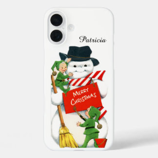 Retro vintage Christmas snowman elves iPhone 16 Plus Case