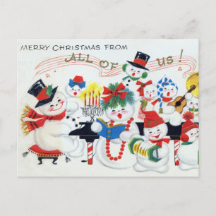 retro vintage Christmas snowman Family Holiday Postcard