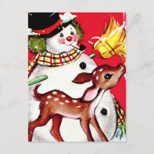 retro vintage Christmas snowman reindeer Holiday Postcard