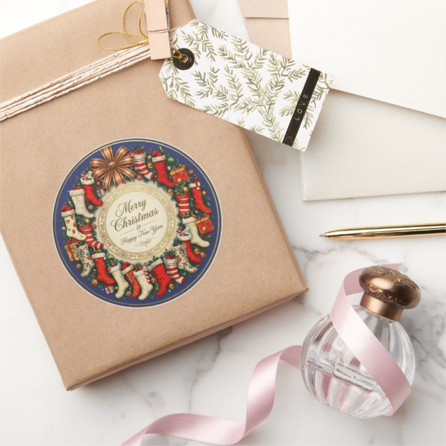 Retro Vintage Christmas Stockings Blue Classic Round Sticker (Gifting)