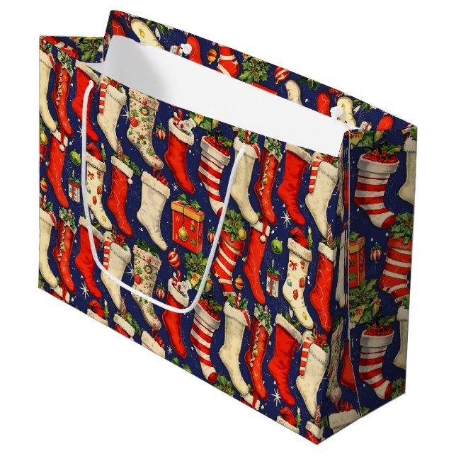 Retro Vintage Christmas Stockings Blue Large Gift Bag (Front Angled)