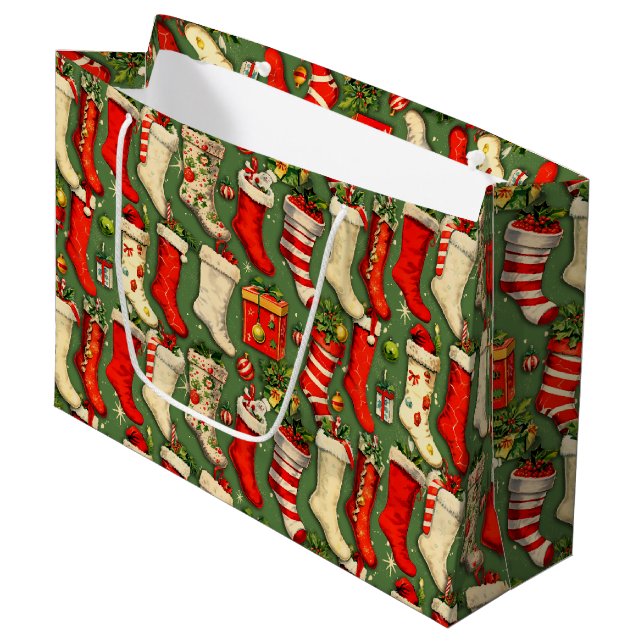 Retro Vintage Christmas Stockings Green Large Gift Bag (Front Angled)