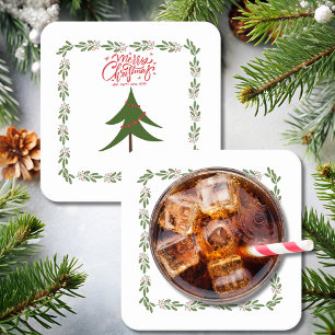 Retro Vintage Christmas Tree and Wreath Minimalist Square Paper Coaster