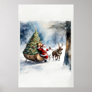 Retro Vintage Christmas Tree Santa Sleigh Poster