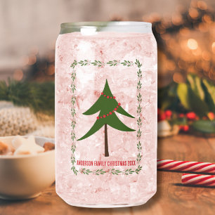 Retro Vintage Christmas Tree & Wreath Family Name Can Glass