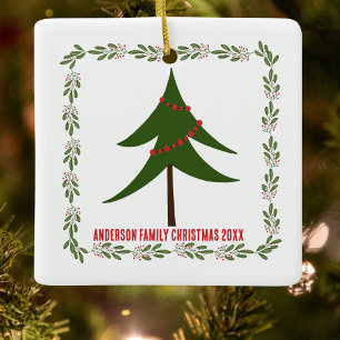 Retro Vintage Christmas Tree & Wreath Family Name Ceramic Ornament