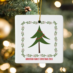 Retro Vintage Christmas Tree & Wreath Family Name Ceramic Ornament