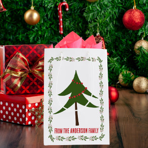 Retro Vintage Christmas Tree & Wreath Family Name Medium Gift Bag