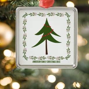 Retro Vintage Christmas Tree & Wreath Family Name Metal Tree Decoration