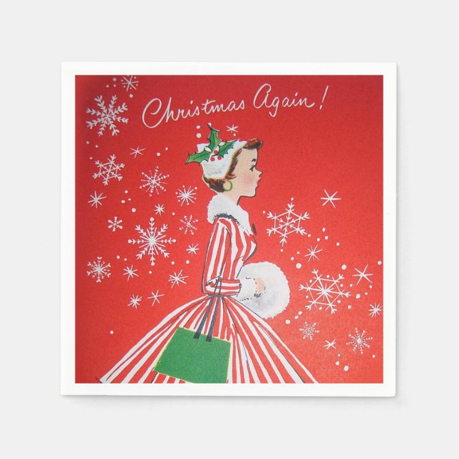 Retro Vintage Christmas woman party paper napkins (Front)