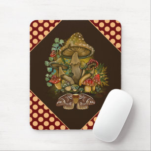 Retro Vintage colours Mushroom & Moth Art Mouse Pad